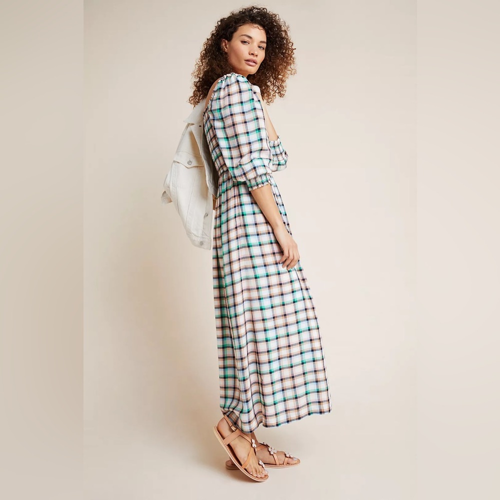 Anthropologie Maeve Cerie Smocked Midi Dress Large Petite Summer Fall Plaid NWOT - Picture 2 of 9